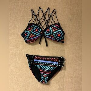 Tribal Print beaded Strappy Bikini Set Modlily